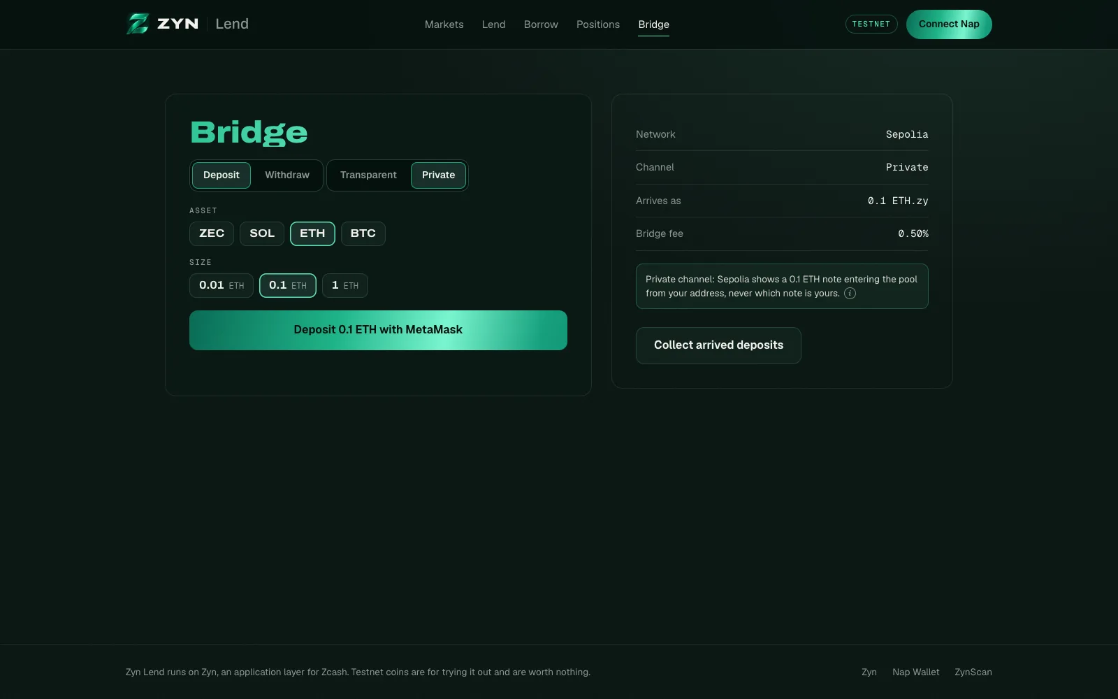 The bridge in Zyn Lend: a private ETH deposit of a fixed size